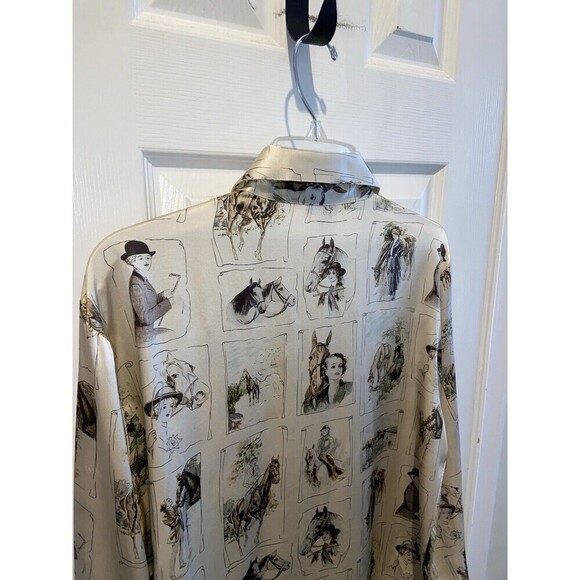 Vintage Ishyu Shirt Womens 12 Cream Silk Equestrian Horse Print Button Front 90s - Picture 5 of 15